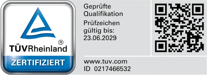 TÜV Rheinland Geprüfte Qualifikation, ID 0217466532, gültig bis 23.06.2029
